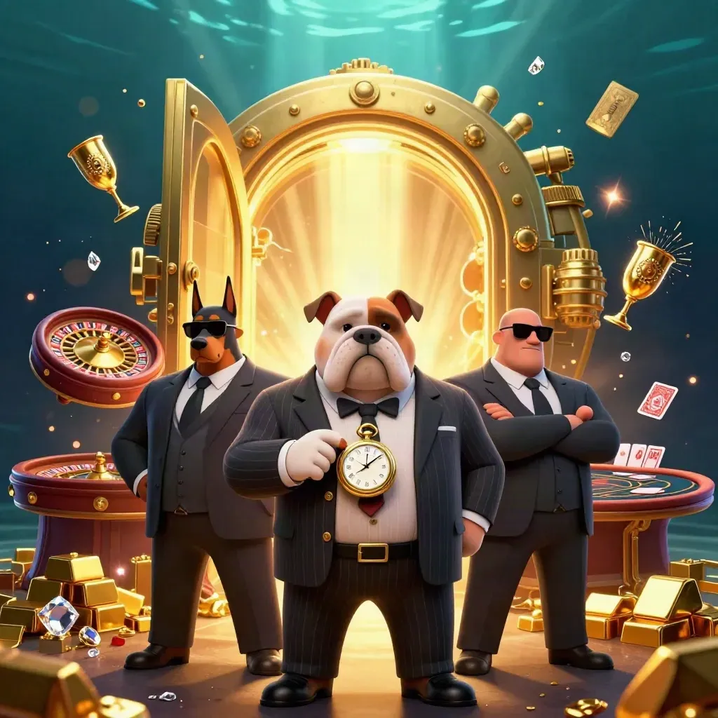 Bulldog mafia boss with two Dobermans amid gold, vault light, cards, and casino sparkle.