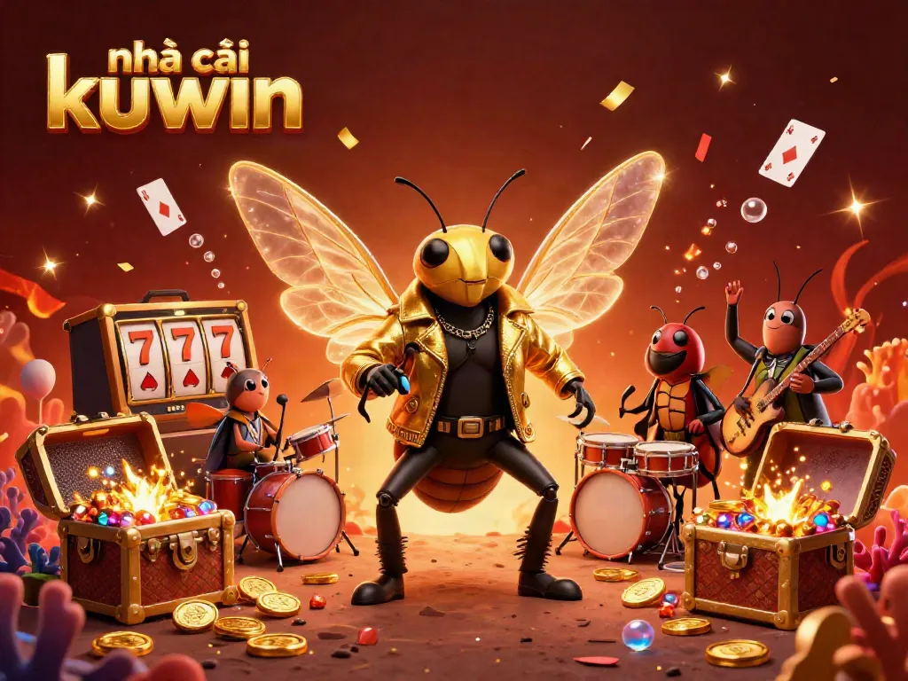 Experience the excitement at nhà cái kuwin with a lively 3D casino scene featuring characters, gold coins, and playing cards.