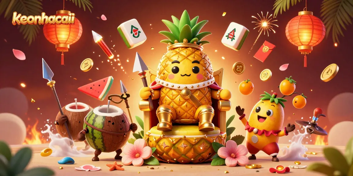 Experience the excitement of keonhacaii with vibrant casino-themed 3D illustration featuring a golden pineapple king.