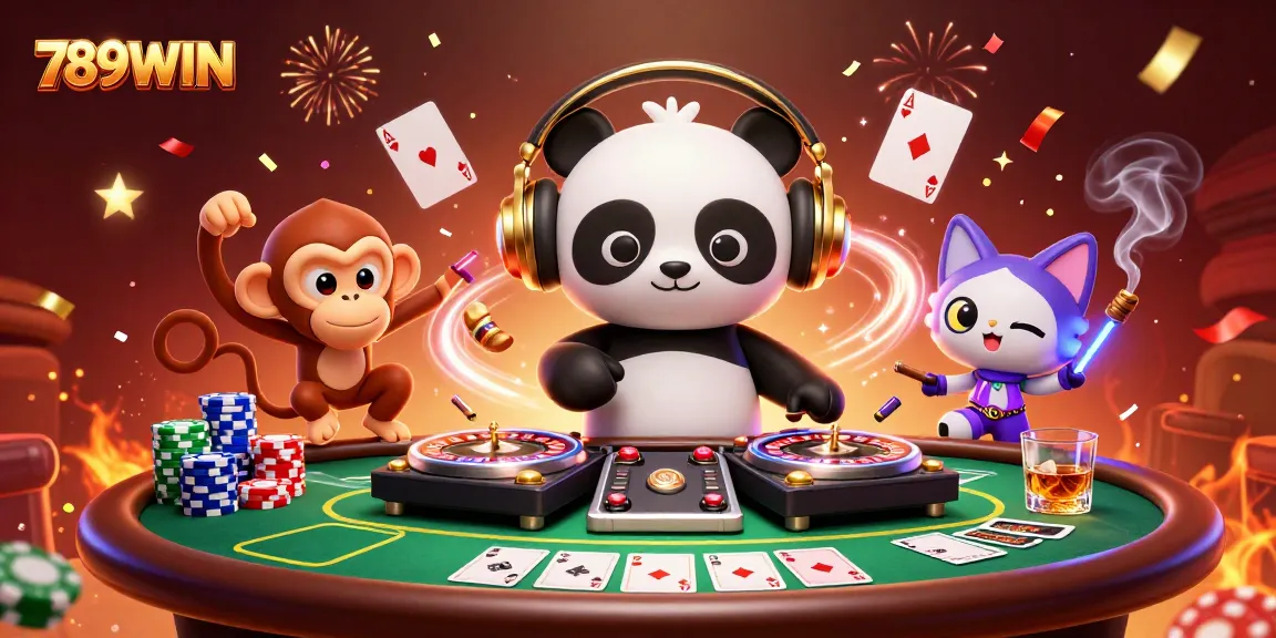 Enjoy the 789WIN party scene with DJ panda and a breakdancing monkey under stunning casino lights.