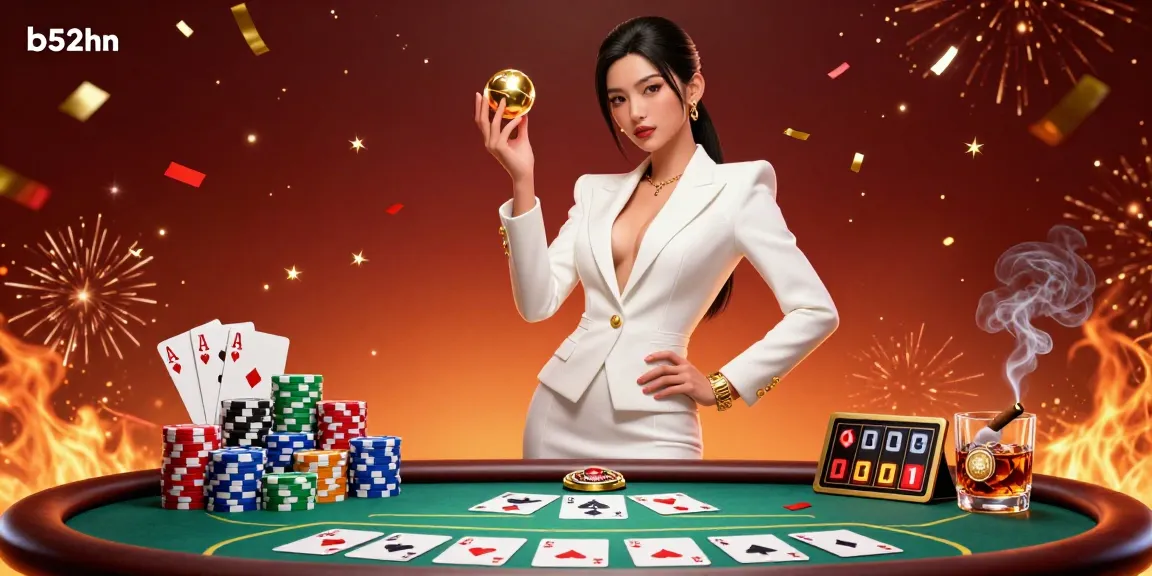 Engage with b52hn's vibrant casino scene featuring an Asian woman showcasing high fashion while holding a golden roulette ball.