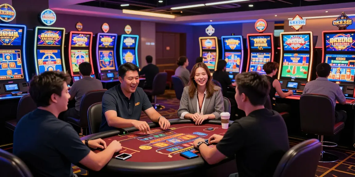 Exciting virtual casino gameplay showcasing players at ok8386.com surrounded by vibrant digital gaming elements.