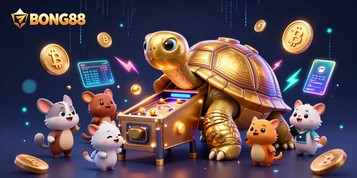 BONG88 interactive gaming scene with a giant tortoise pinball machine and crypto coins bouncing around.