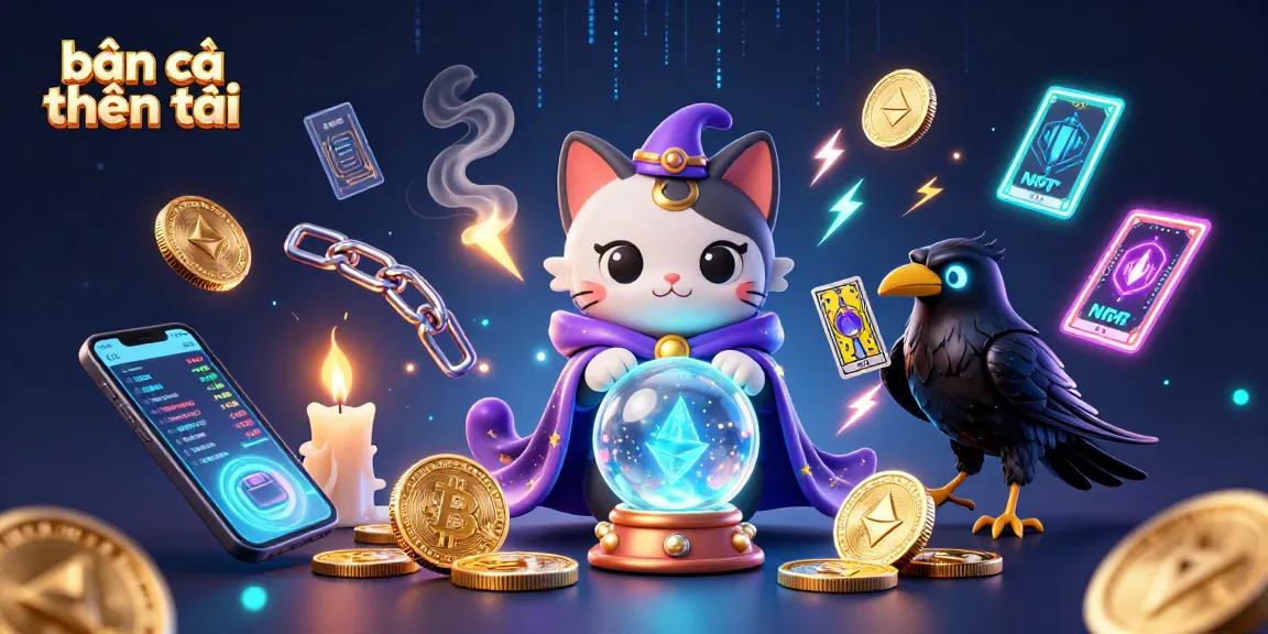 Bắn cá thần tài game features 3D cartoon mystical characters amidst crypto elements, inviting players to join the action.