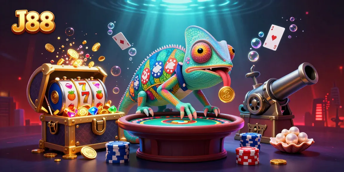 Experience thrilling gameplay with J88, featuring an engaging chameleon casino owner and vibrant slot elements.