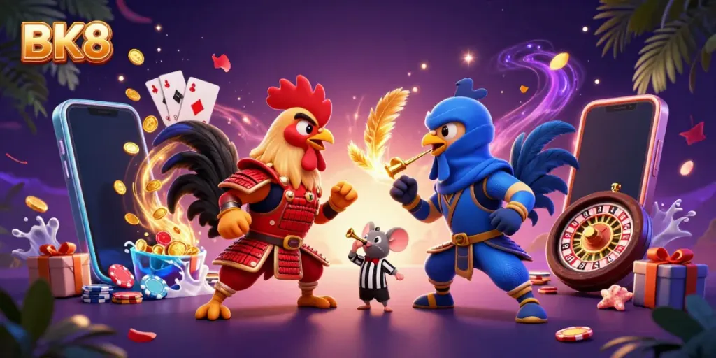 BK8 showcases twin fighting roosters in a vibrant casino scene filled with dynamic game elements.