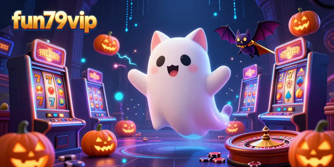 Experience thrilling gaming at fun79vip with a ghost cat and bat in a haunted casino.