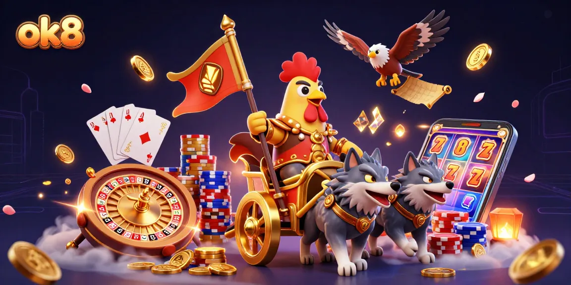 Experience thrilling jackpots at ok8 with a vibrant casino scene featuring battling characters and glimmering coins.