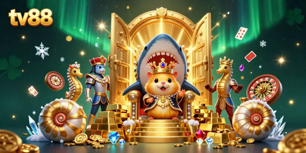 Engage with tv88's thrilling casino adventure featuring a golden hamster king amidst treasure and games.