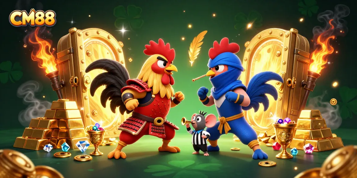 Engage with CM88's thrilling casino battles featuring cartoon fighting roosters amidst golden treasures.