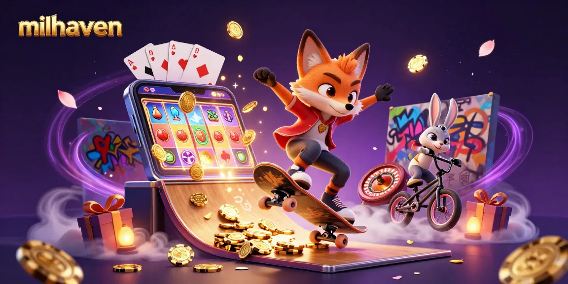 Experience the exciting world of milhaven with a skateboarder fox and BMX rabbit in a dynamic casino scene.