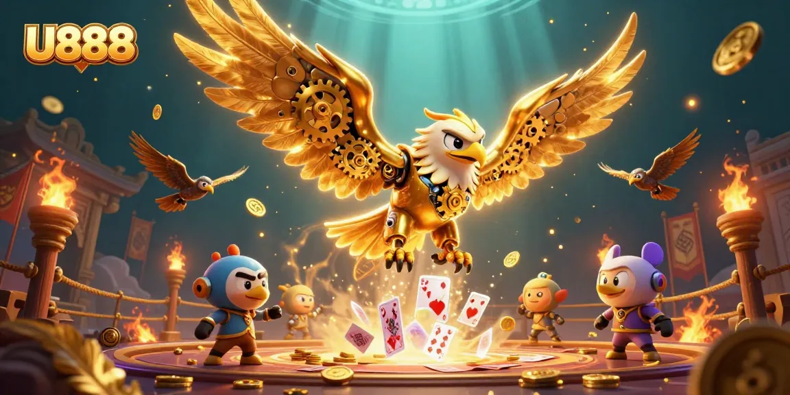 Experience exhilarating gameplay at U888 with a cybernetic golden eagle amidst a vibrant casino scene.