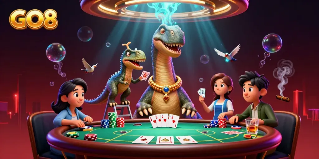 GO8 showcases a playful casino scene with a brontosaurus, raptor dealer, and vibrant poker elements.