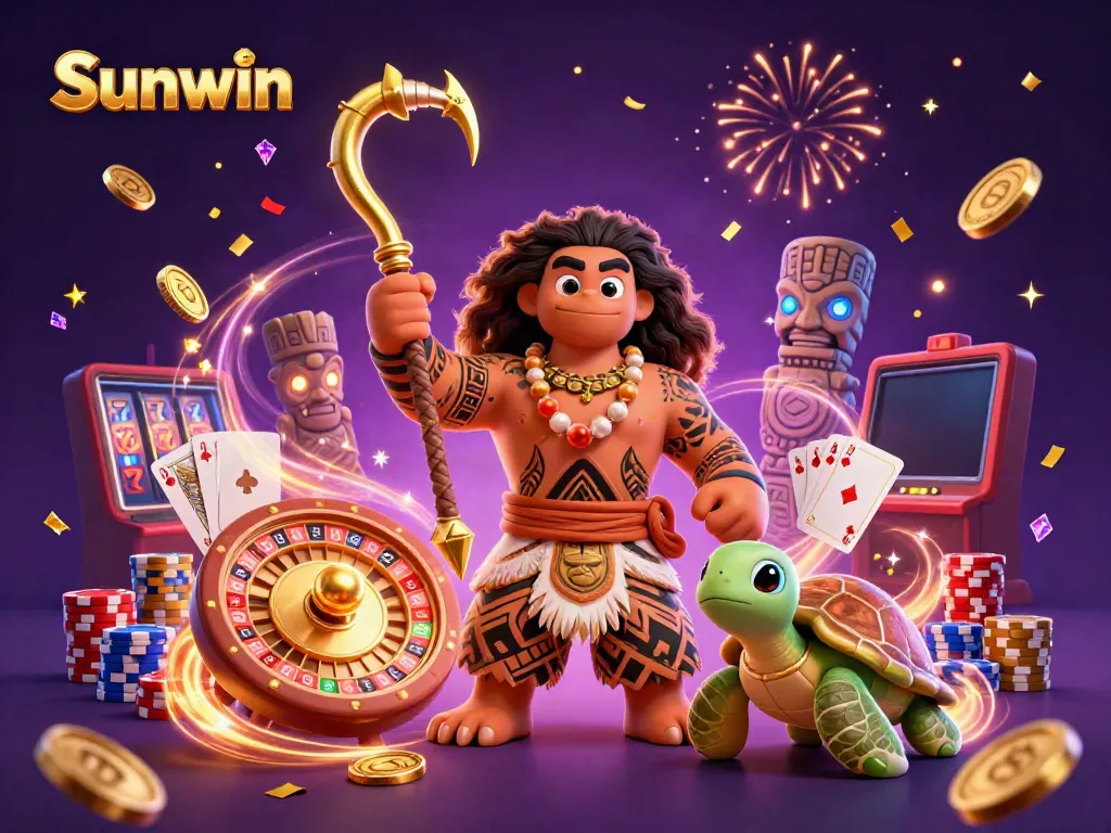 Win exciting prizes with Sunwin in an ultra-detailed 3D casino scene showcasing thrilling gaming elements.