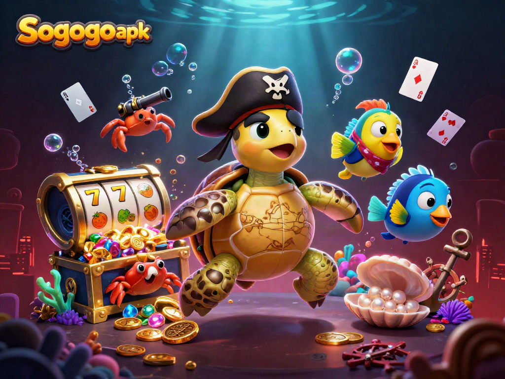 Sogogo apk game featuring a cartoon pirate turtle and treasure-themed creatures adorned with slot reels in an underwater scene.