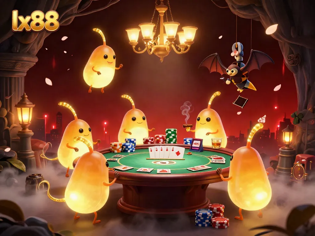 Play poker with lx88’s glowworm-themed casino, featuring vibrant lighting and colorful chips.