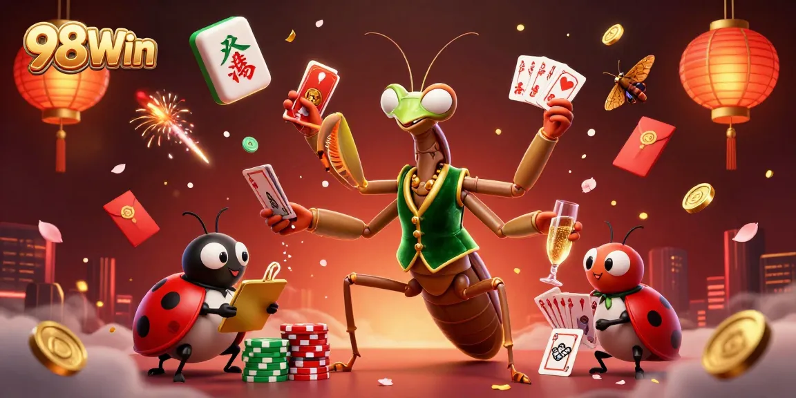Experience the dynamic online gambling world of 98Win with a cartoon mantis card sharp dealing games.