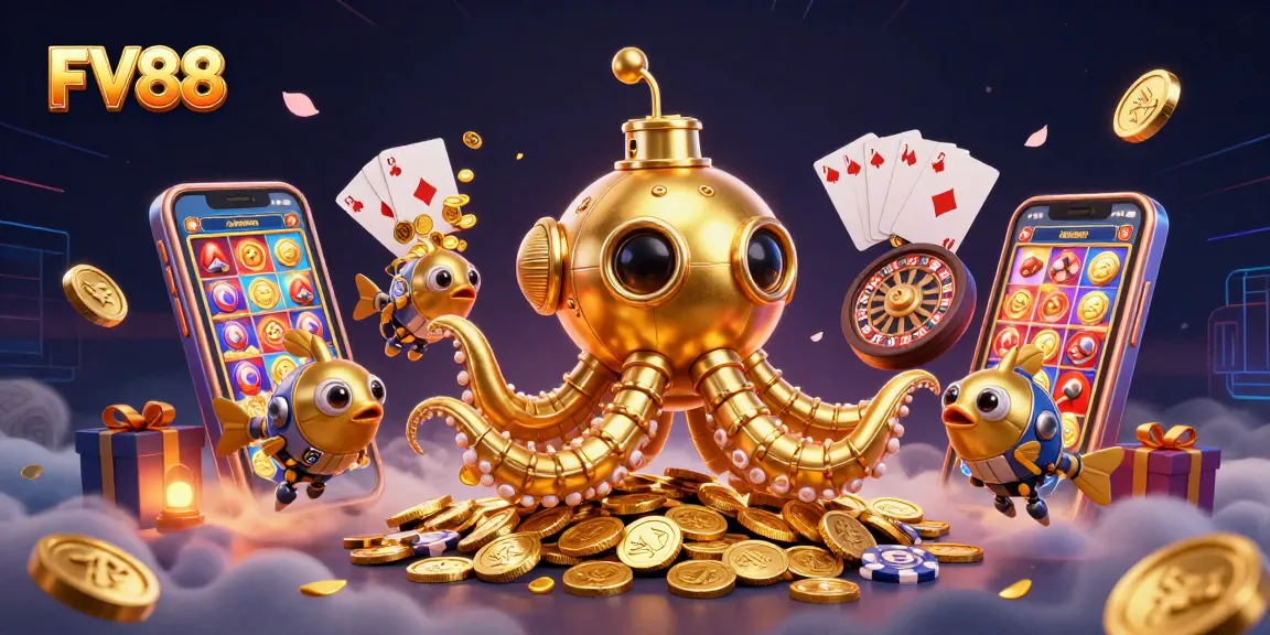 Engage with FV88 by exploring a vibrant 3D illustration of a golden kraken submarine amidst a flourish of coins and gaming elements.