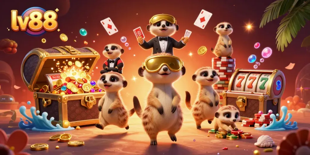 Bet on excitement with lv88's vibrant casino scene featuring meerkats and dynamic gaming elements.