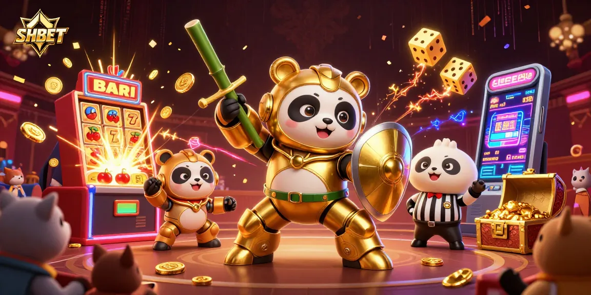 SHBET showcases an action-packed scene with a golden panda pilot and vibrant casino elements for a thrilling gambling experience.