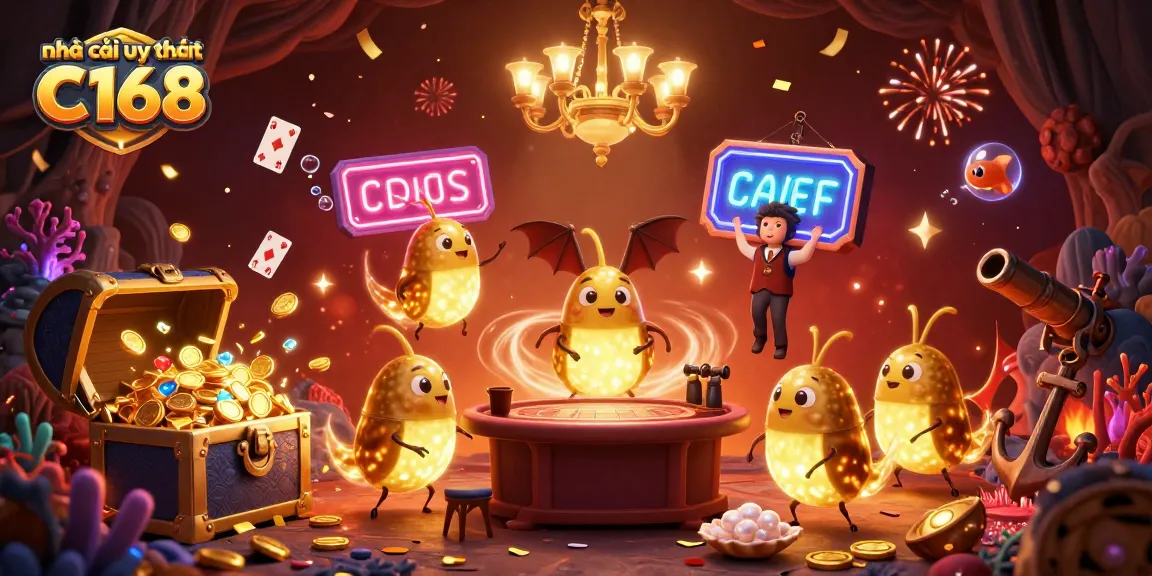 Experience the vibrant world of nhà cái uy tín C168 with a magical 3D casino scene filled with glowing characters and treasures.