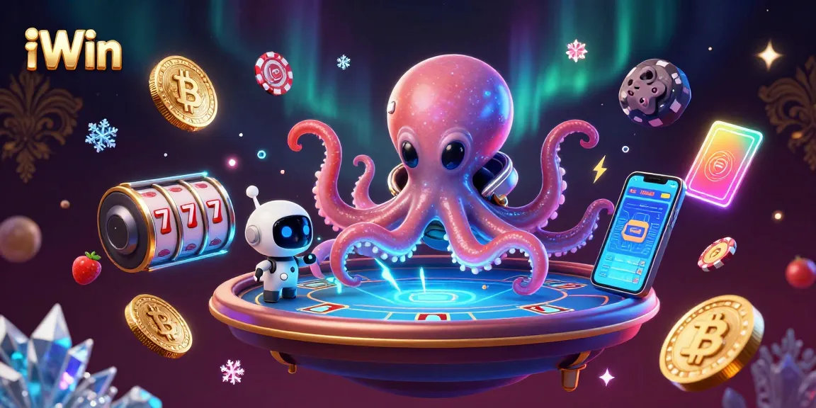 Engage with exciting iWin casino games featuring a vibrant 3D alien octopus at a holographic poker table.