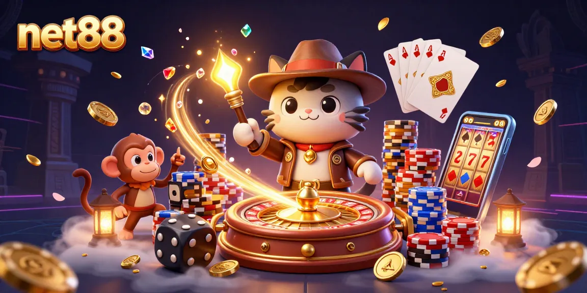 net88 showcases an adventurous cat archaeologist discovering casino treasures with vibrant casino elements.