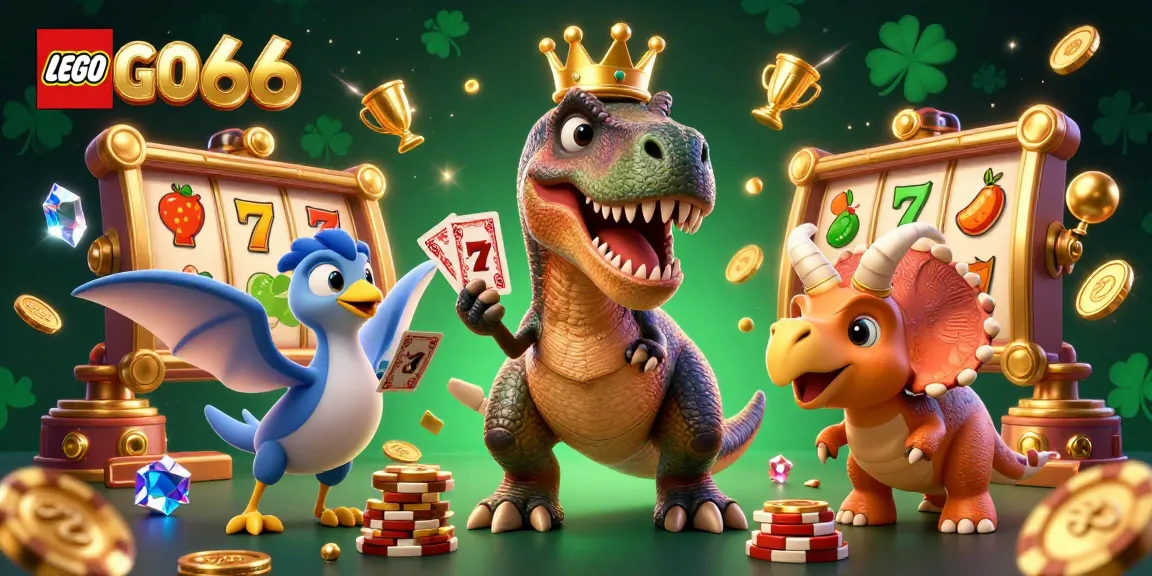 Lego66 offers dynamic 3D pokies action with T-Rex, pterodactyl, and triceratops surrounded by vibrant slot symbols.