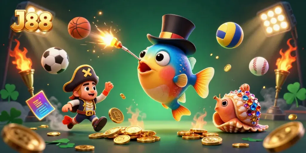 Engage with the thrilling world of J88 as golden coins flow around whimsical sea characters in an exciting casino design.