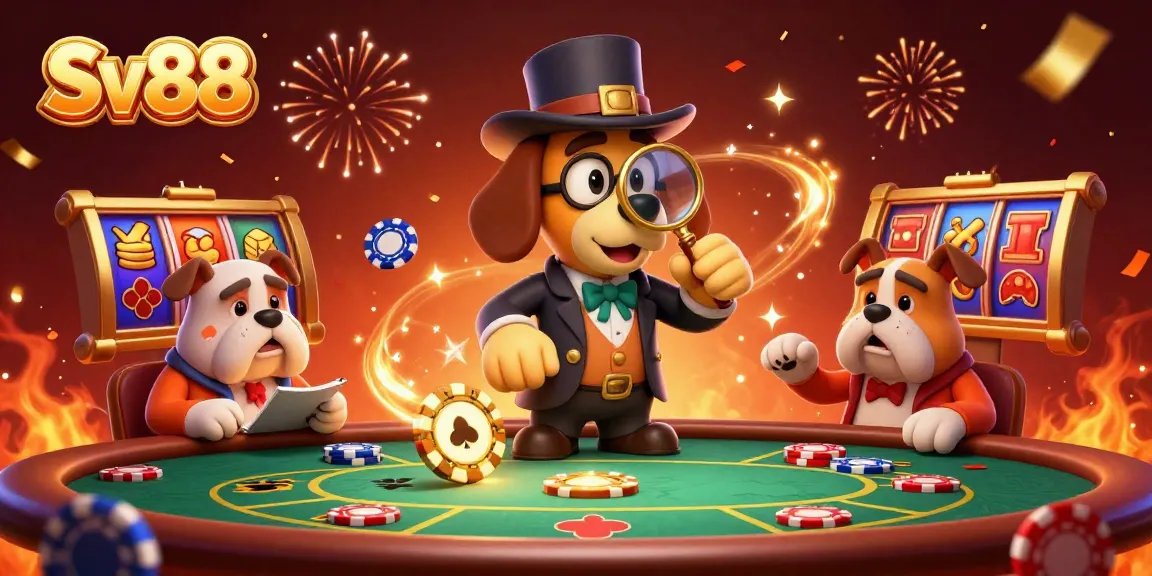 Sv88 enhances gaming excitement with a cartoon detective and bulldog analyzing poker clues.