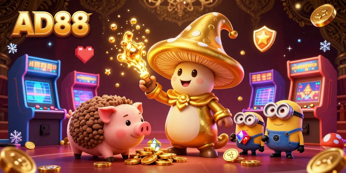 Engage with AD88's enchanting casino atmosphere through a magical 3D scene filled with treasures and vivid game elements.