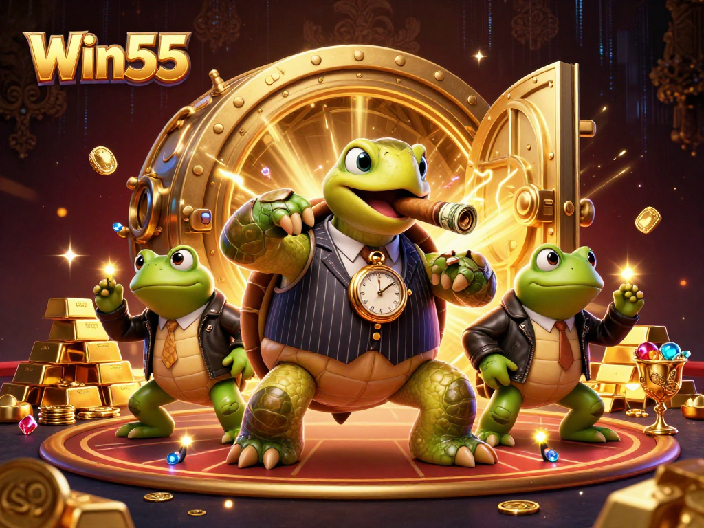 Win55 showcases a lively casino scene with a turtle in a pinstripe suit amidst splashing gems and gold.