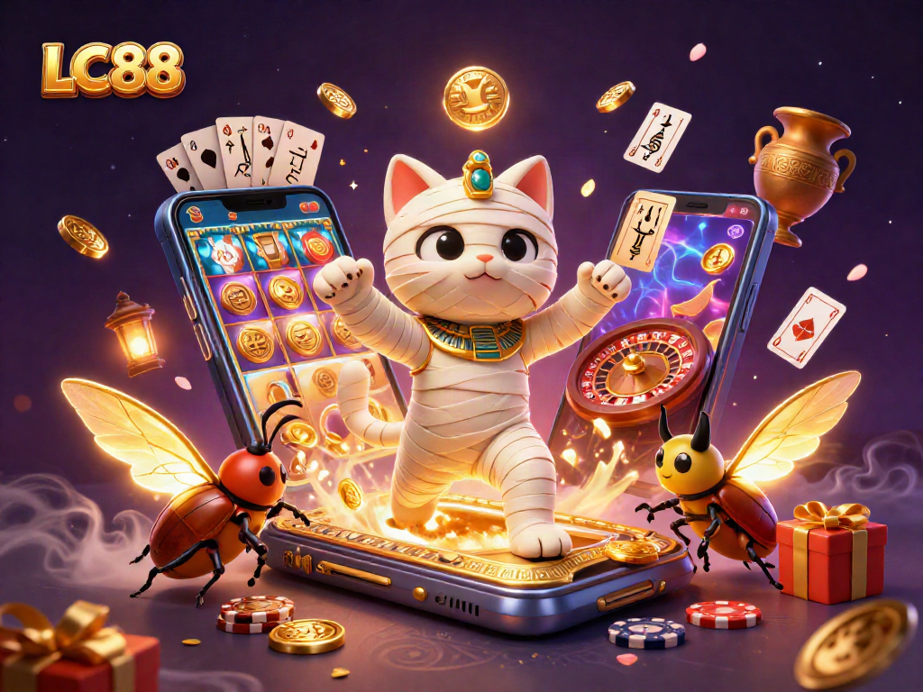 LC88 casino art featuring a mummy cat and scarab in a vibrant pyramid setting.