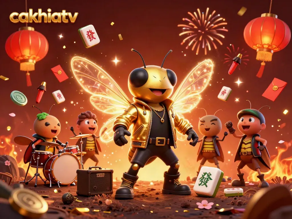 Experience the thrill of cakhiatv with vibrant gaming elements and dynamic characters in a festive illustration.