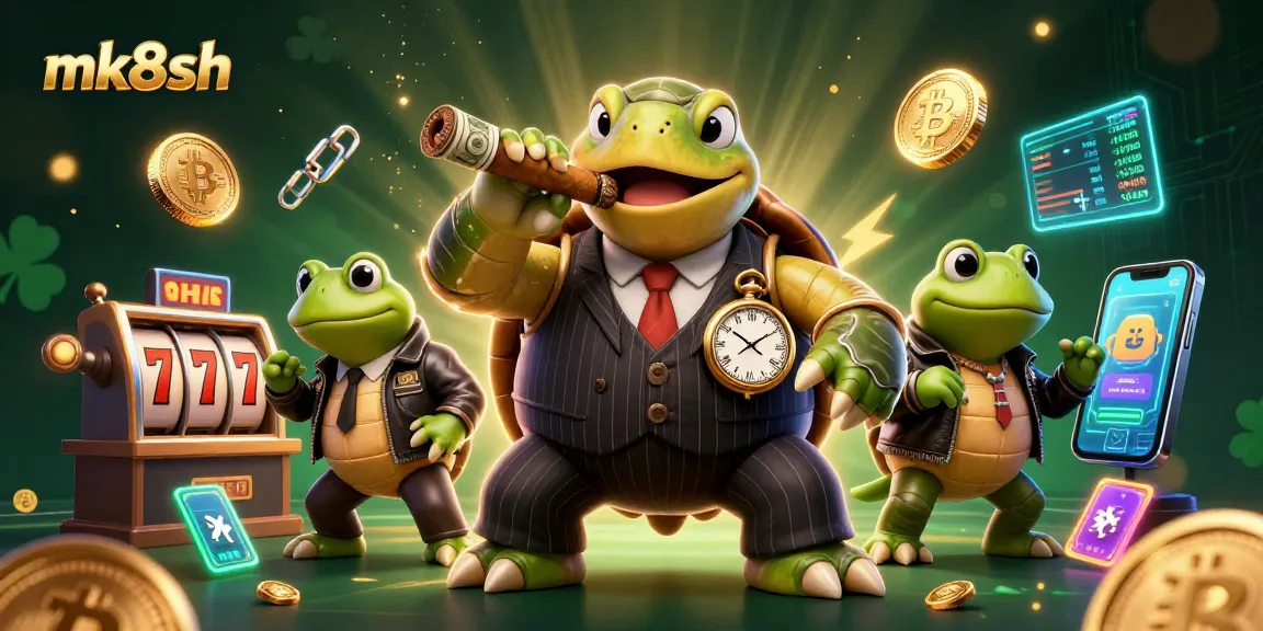 Engage in the vibrant world of mk8sh with a lively casino illustration featuring unique characters and crypto elements.
