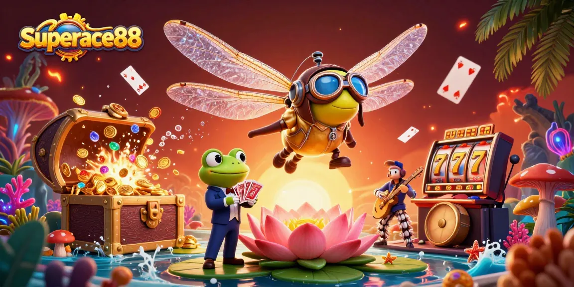 The vibrant artistic scene captures superace88 with a dragonfly pilot, frog croupier, and playing cards, showcasing gambling excitement.