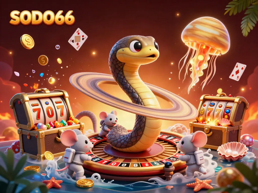 Engage with SODO66 through a vibrant 3D cosmic casino scene, featuring whimsical characters and dynamic game elements.