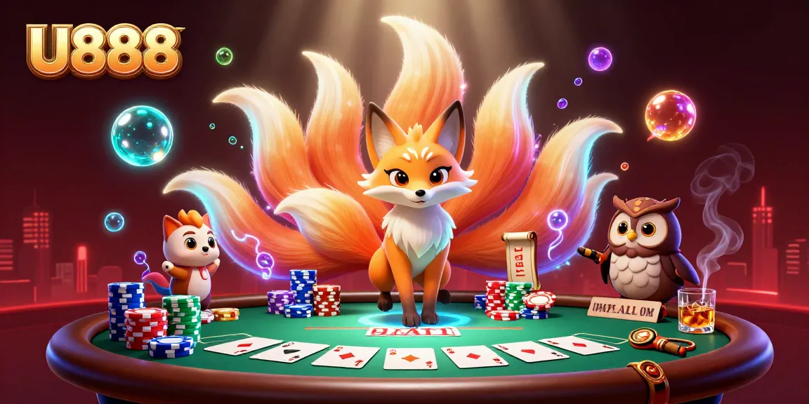 Experience the thrills of U888 with dynamic 3D casino elements featuring colorful fox spirits and poker settings.