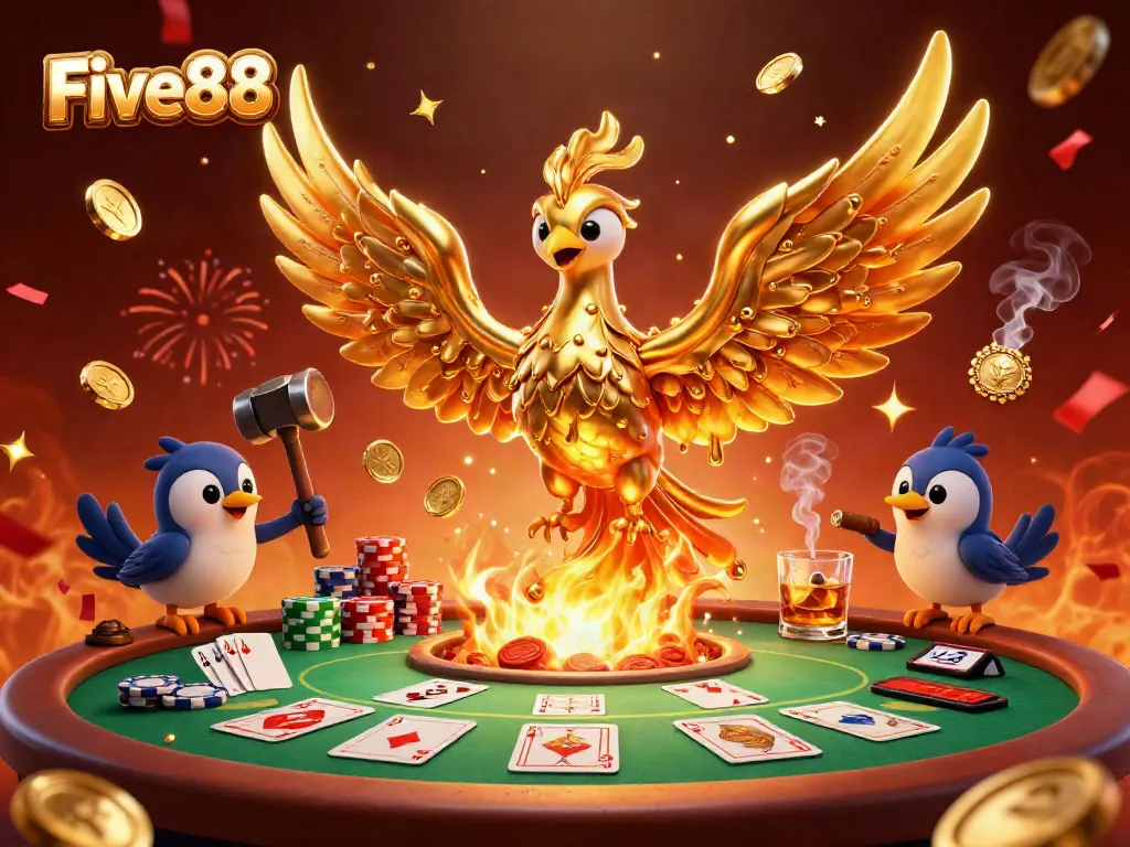 Experience gaming excitement with Five88 as molten gold coins shower from a dynamic phoenix and poker elements.