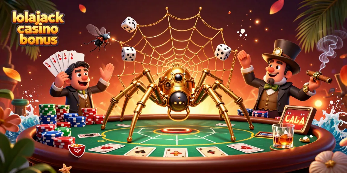 Engage with the exciting lolajack casino bonus through a rich 3D illustration of a golden spider, poker elements, and vibrant casino atmosphere.