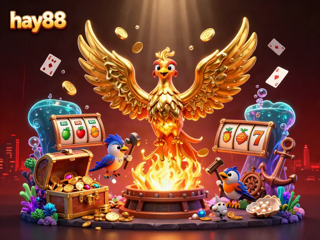 Experience the excitement of hay88 with vibrant casino elements and a stunning golden phoenix.