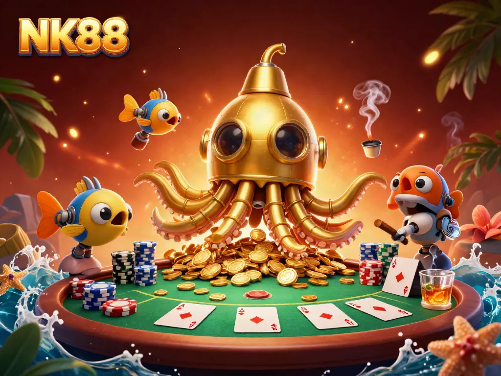 Experience exciting gameplay at NK88 with golden kraken submarine and poker elements floating in gold coins.