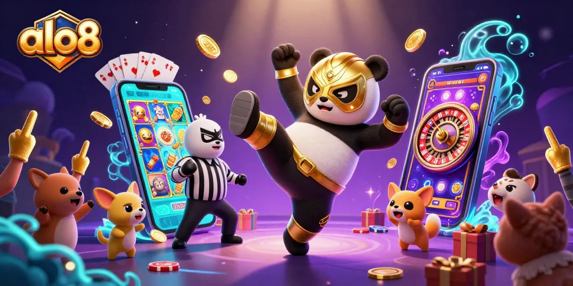 Alo8 delivers an exciting casino illustration with panda wrestler underway, showcasing lively slot game action.