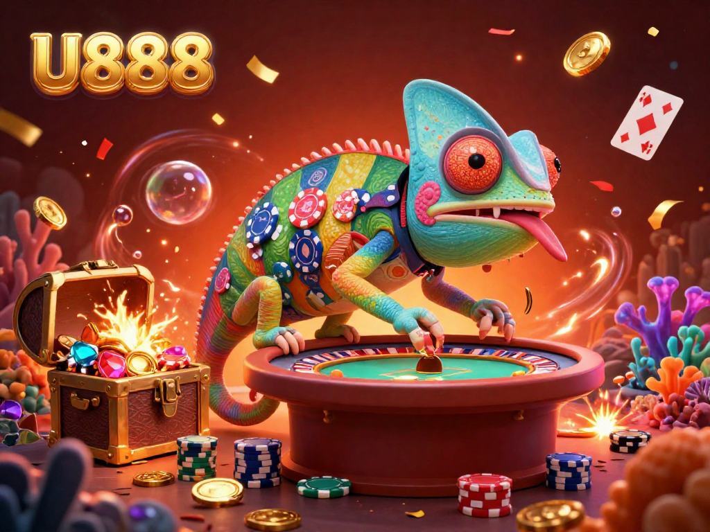 Spin and win at U888 with colorful gaming elements and an energetic chameleon casino owner.