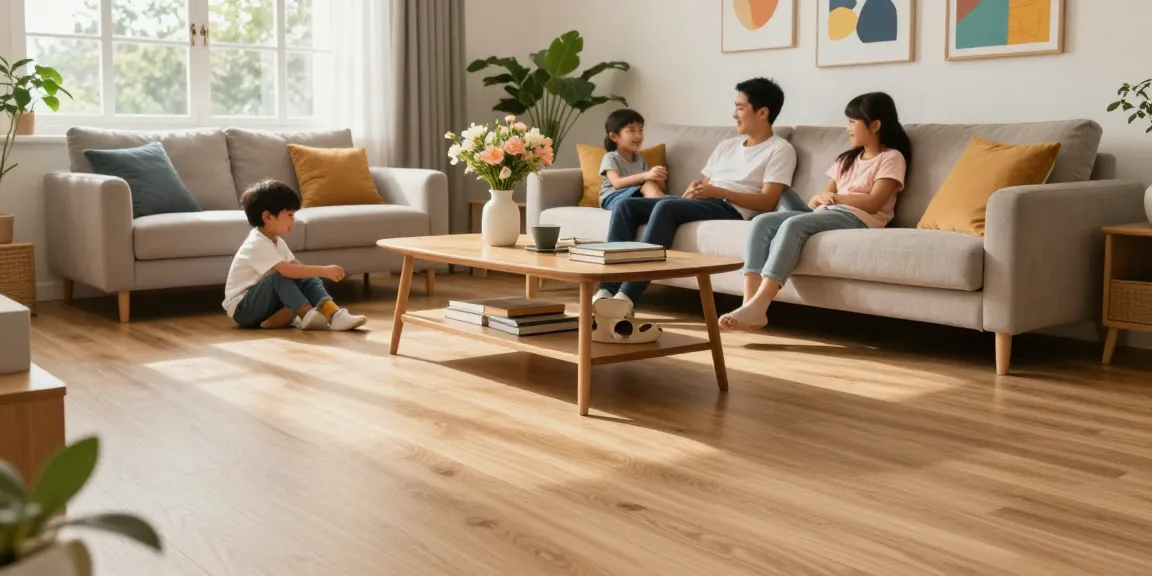 Improve sound insulation with acoustic flooring in a stylish home living room with family relaxing together.