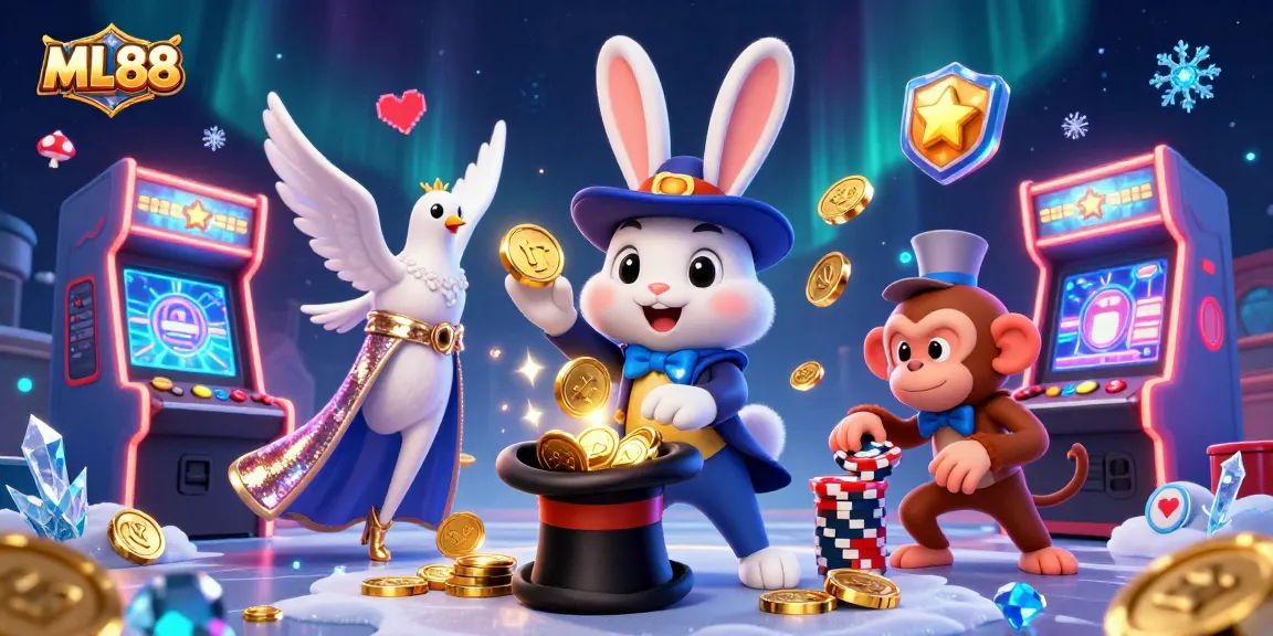 ML88 captures excitement with a magical scene, featuring a rabbit pulling coins and casino elements.