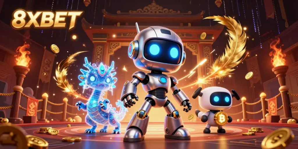 Experience 8XBET with a vibrant robot mascot and AI companions in an immersive casino scene.