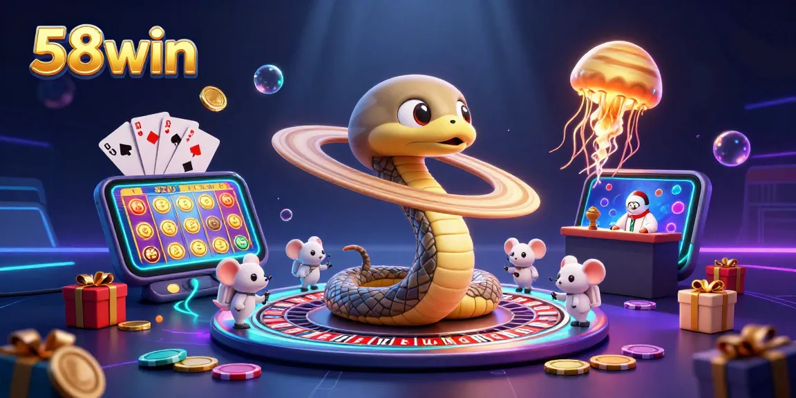 Bet on 58win's cosmic roulette with the Saturn snake and astronaut mice in a vibrant 3D casino scene.