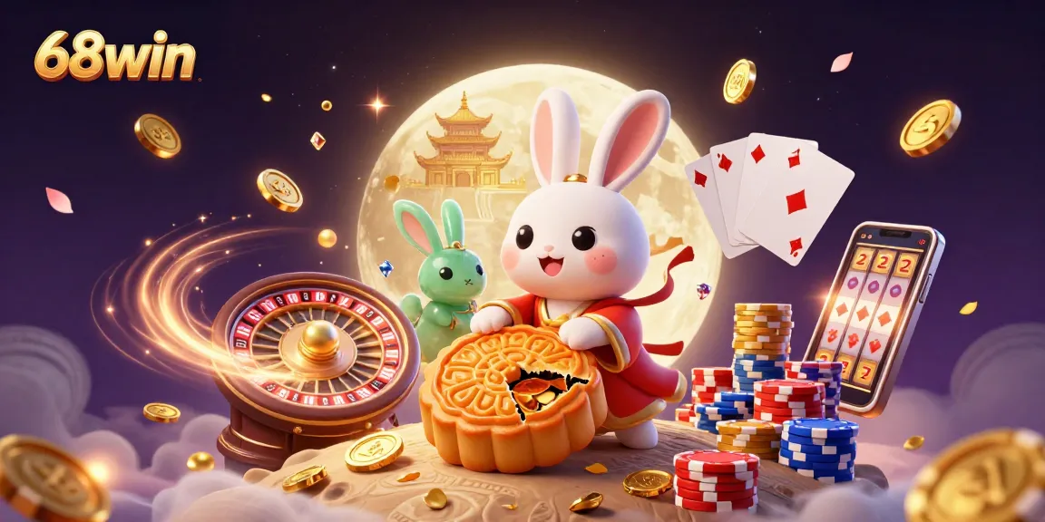 Experience the excitement of 68win with a vibrant 3D illustration featuring Chinese folklore and casino elements.