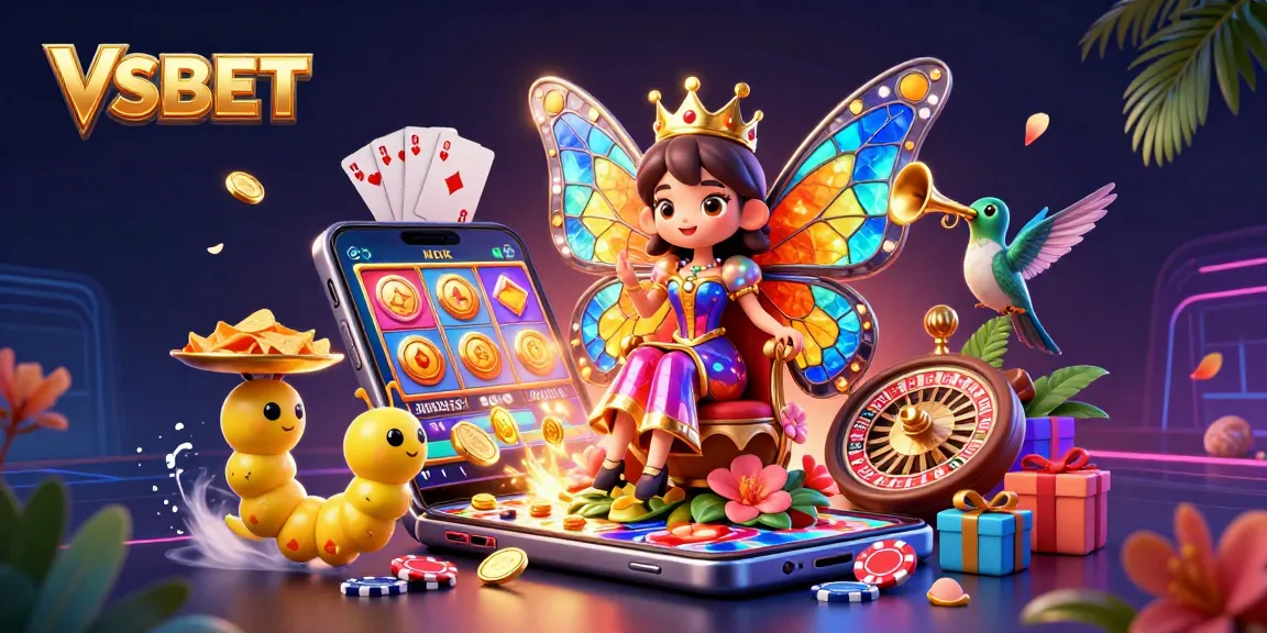 Spin vibrant slot games with the stunning visual of VSBET featuring a butterfly queen amidst casino elements.